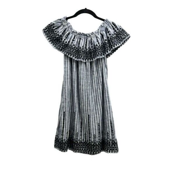 Parker Women Blue White Black Stripes Linen Blend Off the Shoulder Mini Dress XS - Picture 4 of 12